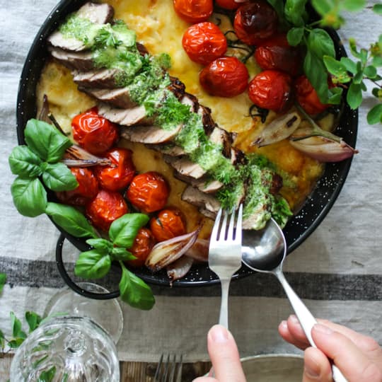 Grillad Fläskfilé provencale med potatisgratäng och basilika