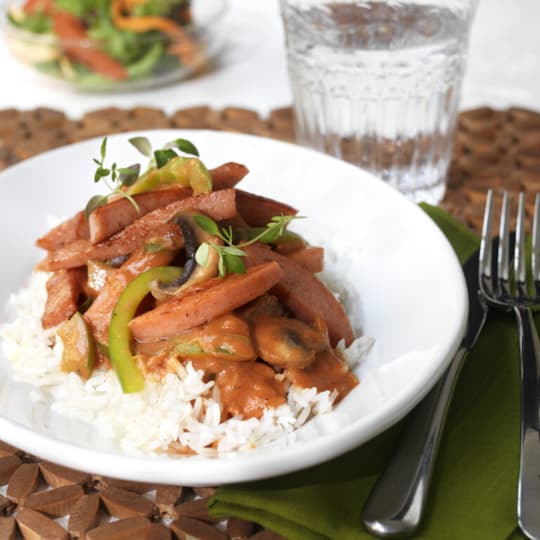 Korv Stroganoff med paprika och svamp